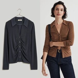 Madewell Metallic Rib Ruched Long-Sleeve Top Dark Pavement size medium disco 70s